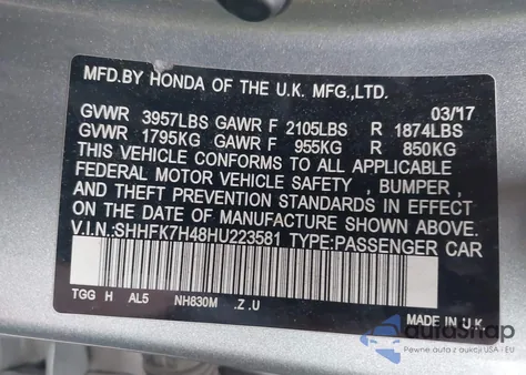 2017 Honda Civic Sport from USA, damaged, VIN SHHFK7H48HU223581